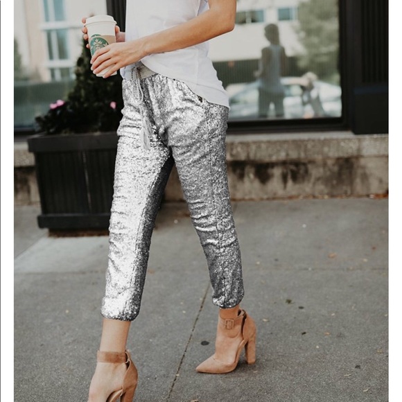 SALE. SILVER SEQUIN ANKLE JOGGERS 1 left - Picture 5 of 8